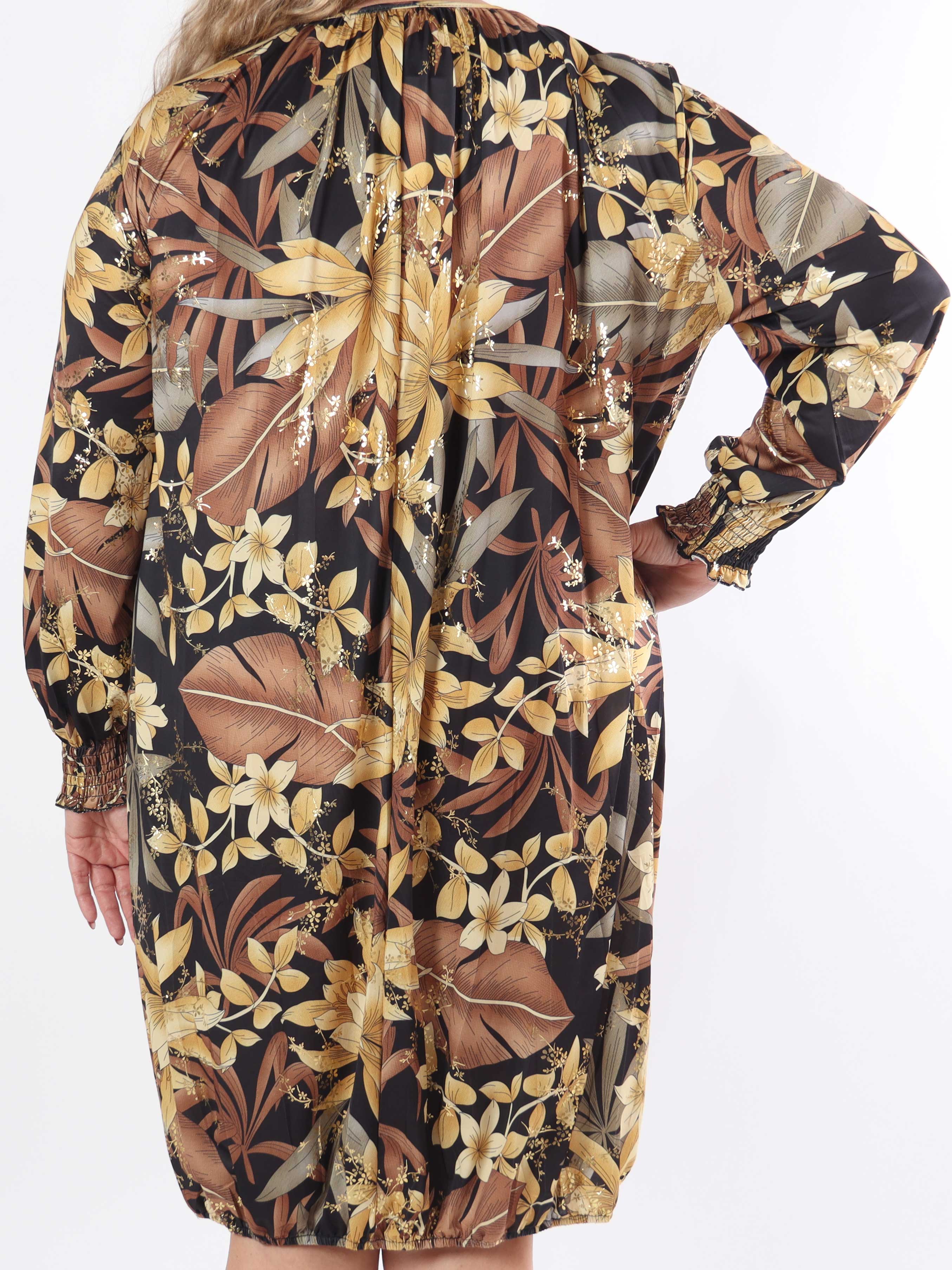 Miracle Gold Flower Dress L/S - Blommig klänning i stor storlek med resår